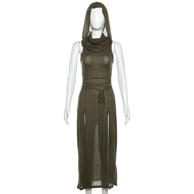 Goth Dark Cyber ​​Gothic Desert Walker Abiti con cappuccio Y2k Punk Grunge Abito longuette scolpito da donna Sexy streetwear solido con spacco laterale