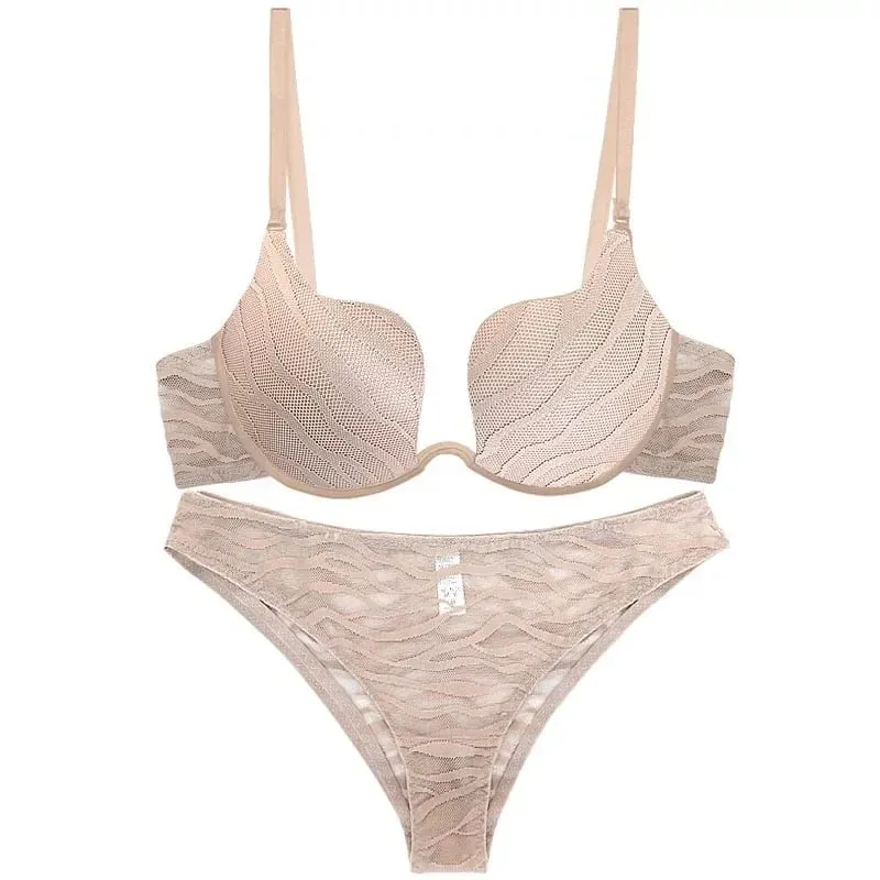 Women Sexy Push Up Bra Set Elegant Zebra Stripes Thin Lingerie Underwear See Through Bra and Panty Set