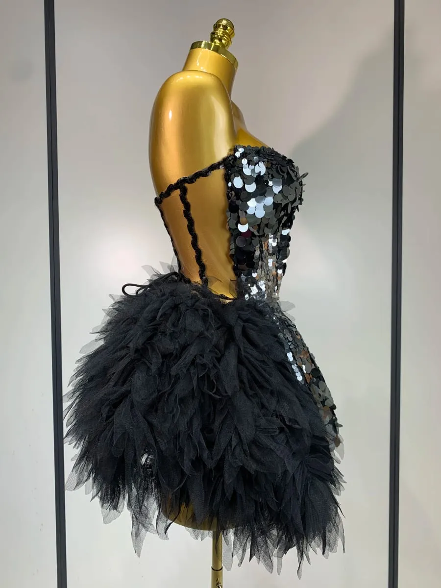 Sparkly Black Sequins Two Pieces Set for Women Party Evening Prom Celebrate Birthday Photo Shoot Dress Nightclub Dance Costume