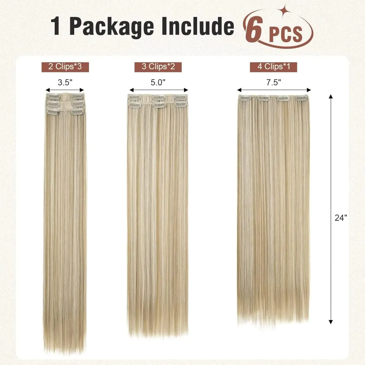 6 個のクリップインヘアエクステンション 24 インチ長さのストレート耐熱合成クリップオンヘアピース女性の日常着 — image 5