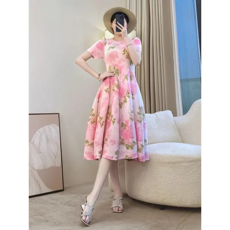 Miyake Pleated Printed Dresses European American Fashion Simple Elegant Short Sleeve Lightweight Women's Bounce Flower Bud Dress