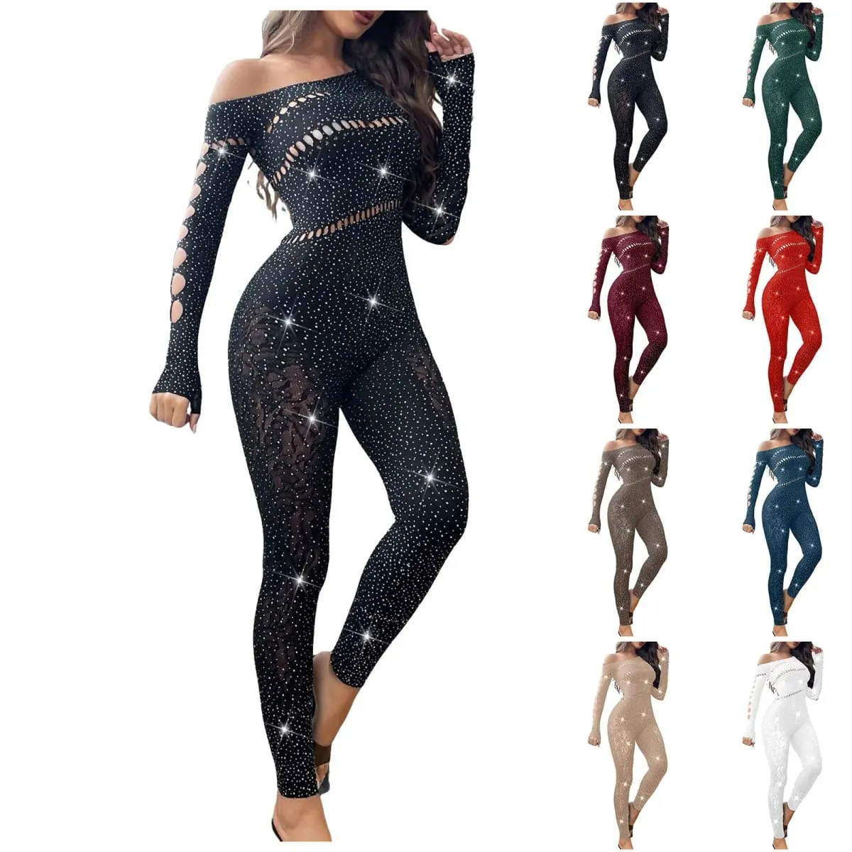 ผู้หญิงเซ็กซี่ตาข่าย Rhinestone Jumpsuit แขนยาวดูผ่านยืดถุงน่อง Jumpsuit Club PLUS ขนาดสต็อกชุดชั้นใน — image 4