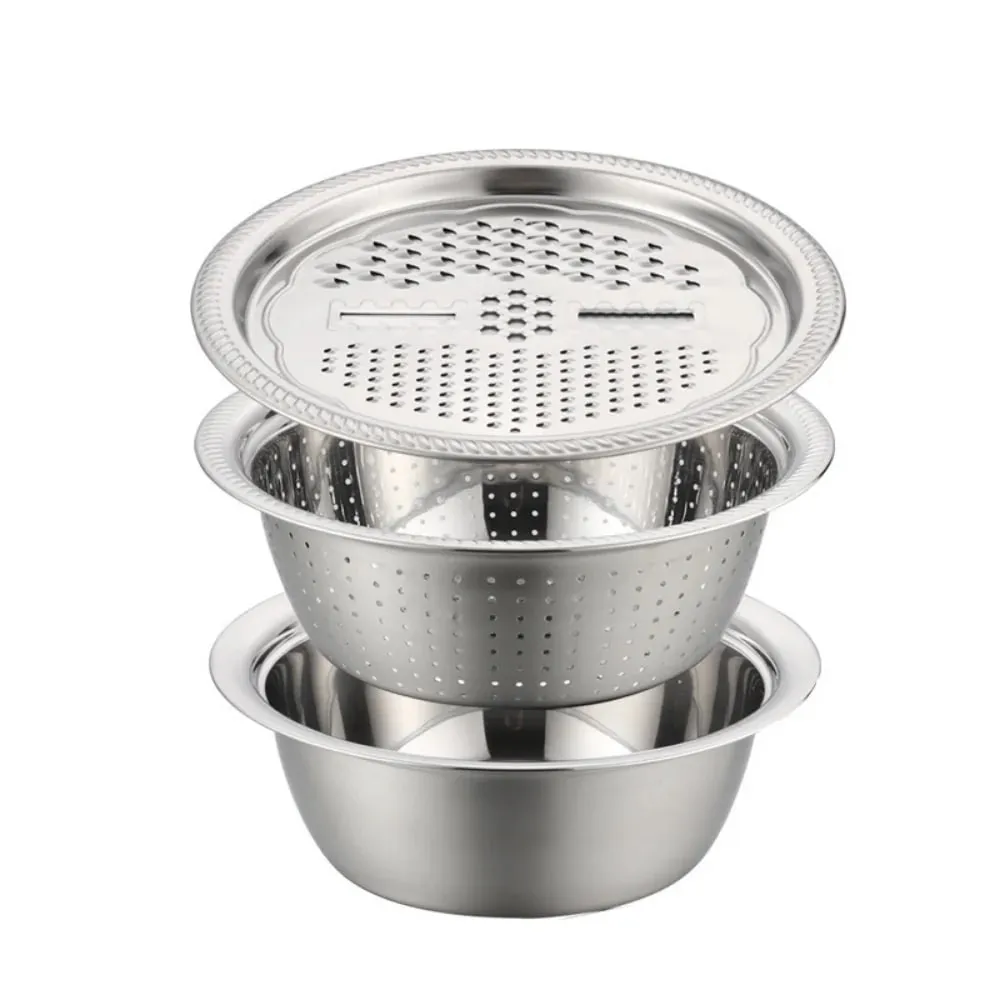 3pcs Stainless Steel Multi-Functional Kitchen Grater Set Draining Bowl with Vegetable Washing Mandoline Slicer for Potato