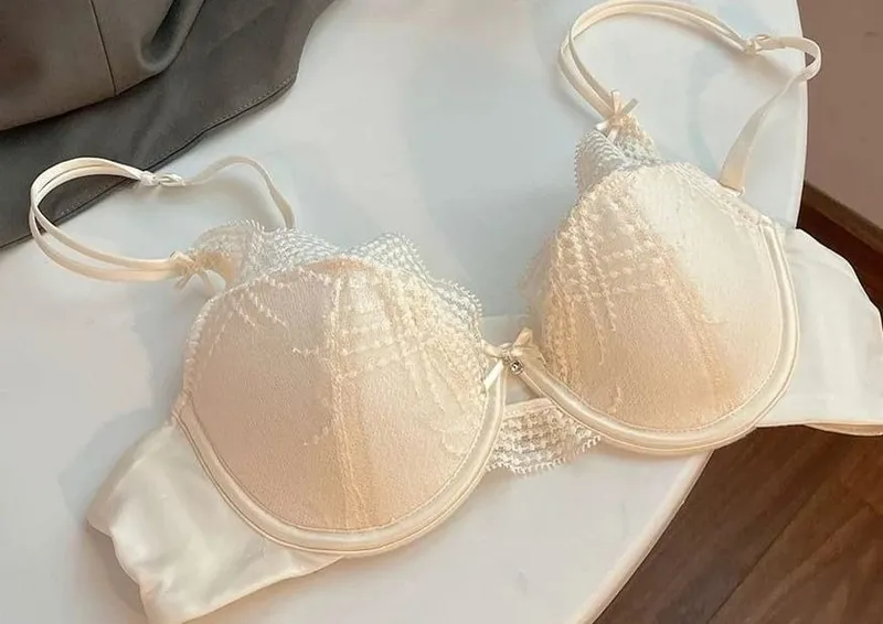 Ladies Lace Lingerie Set Pure Desire Aesthetic Deep V Thin Straps Thin Cup Soft Underwire Push‑Up Bra Underpants S-XL