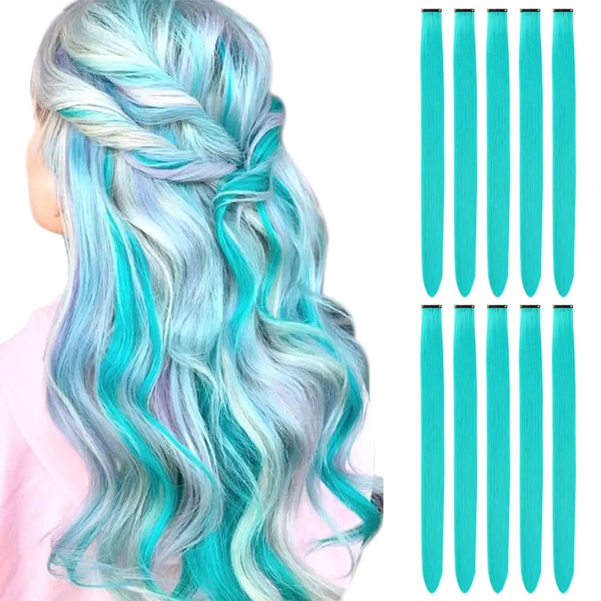 10 PCS Colored Hair Extensions Straight Hairpiece Multi-colors Party Highlights Clip in Synthetic for Women Girls Cosplay Gift