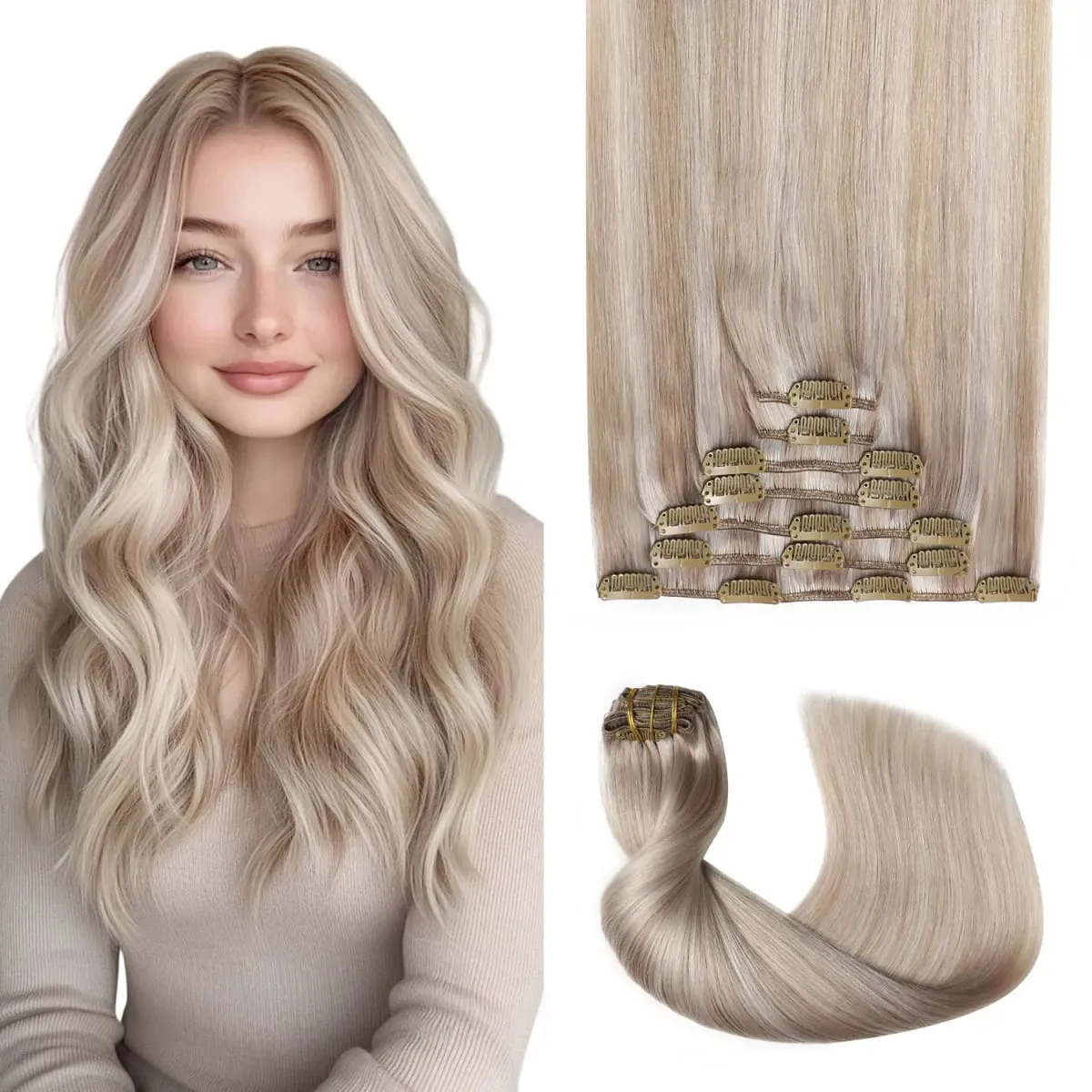 Sweetmet Pro2.0 Clip in Hair Extensions Real Human Hair 120g Thick 7pcs #60 Platinum Blonde Remy Real Human Hair Extensions Clip ins Seamless Double Weft for Women