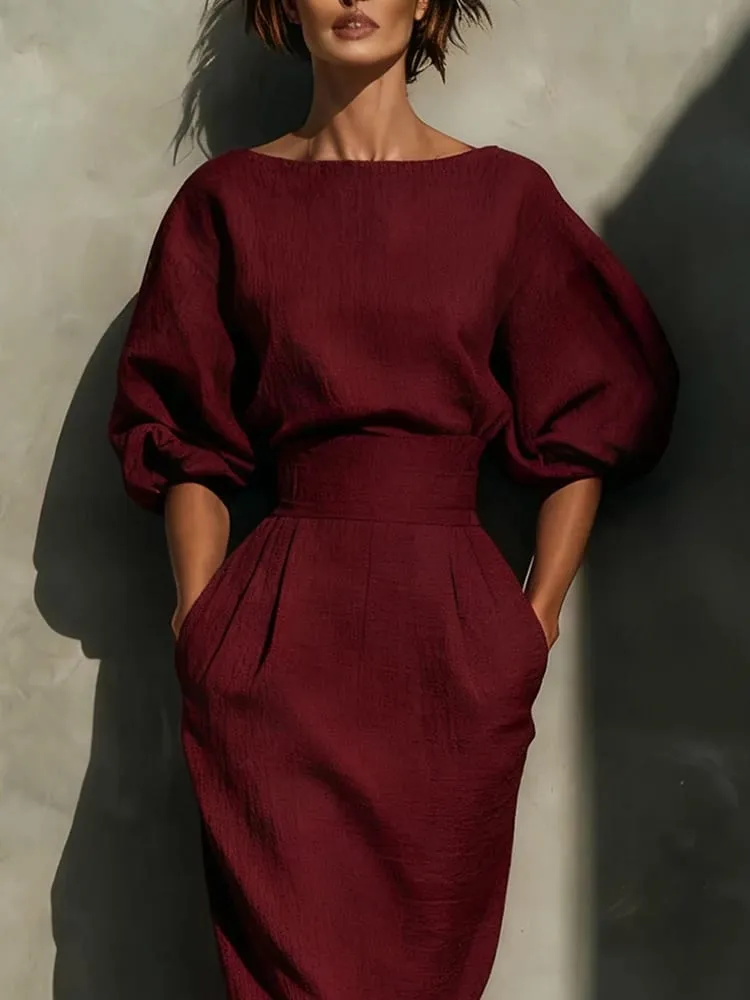 A-lien – robe de soirée élégante, couleur unie, décontractée, col rond, manches lanternes, poches, tempérament, taille haute, plissée, portefeuille aux hanches