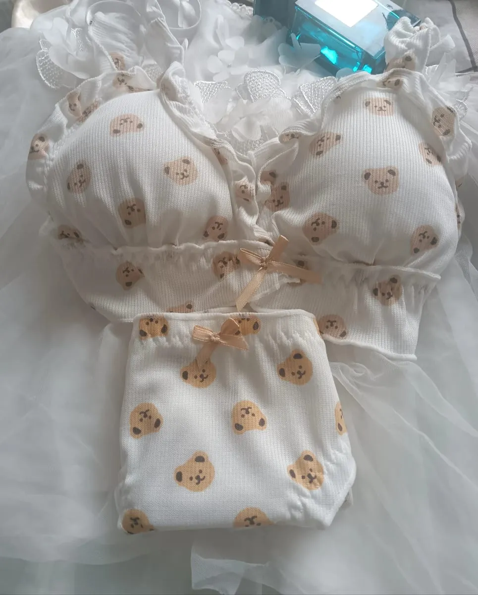 Japan Cute Girl Bear Bra Cartoon Cute Girl Without Steel Ring Anti-Sagging Sweet Ruffled Bow Bra Set as Well as Bra Single Piece