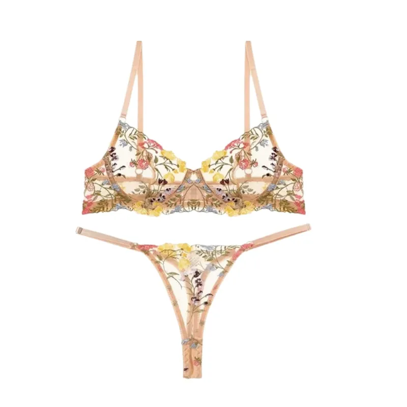 Versatile Transparent Lingerie Set Ultra-thin Push Up Panties Bra Set Elegant Embroidery Floral Underwear Girl
