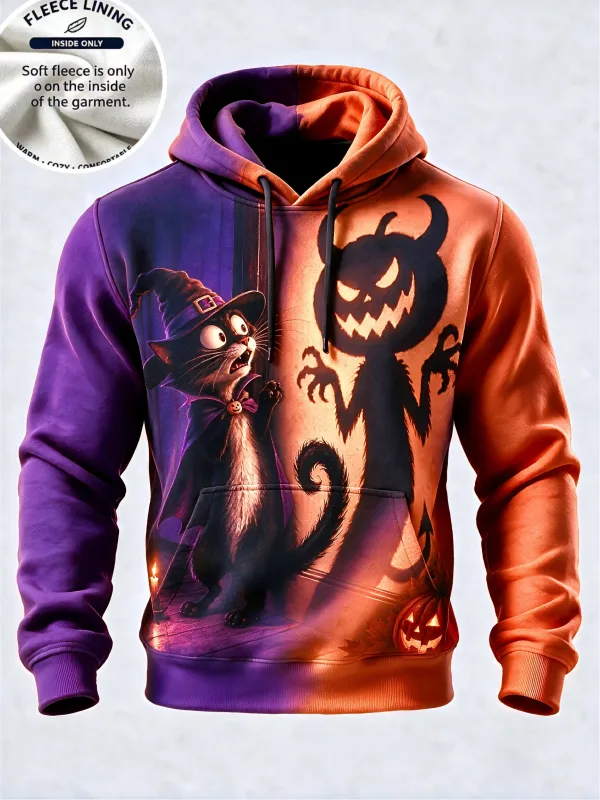 3D Print Halloween Fleece Hoodie Witch Black Cat Monster Shadow Pumpkin Pullover Long Sleeve Kangaroo Pocket Holiday Sweatshirt
