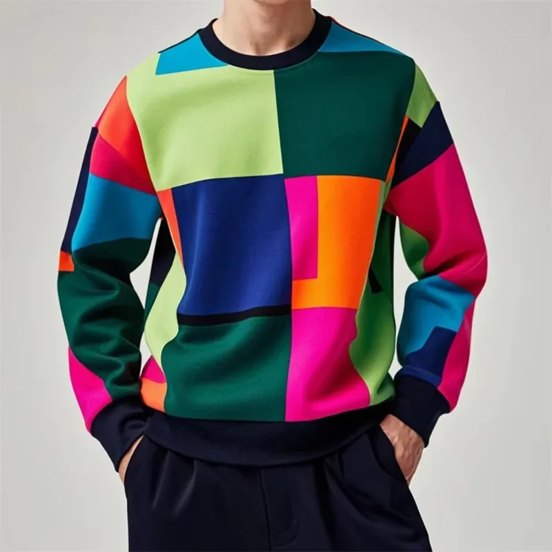 Fall Fashion Pullover Sweatshirt For Men 3d Colorful Geometry Graphic Print Round Neck Neck Hoodies Pullover Casual Male Clothes