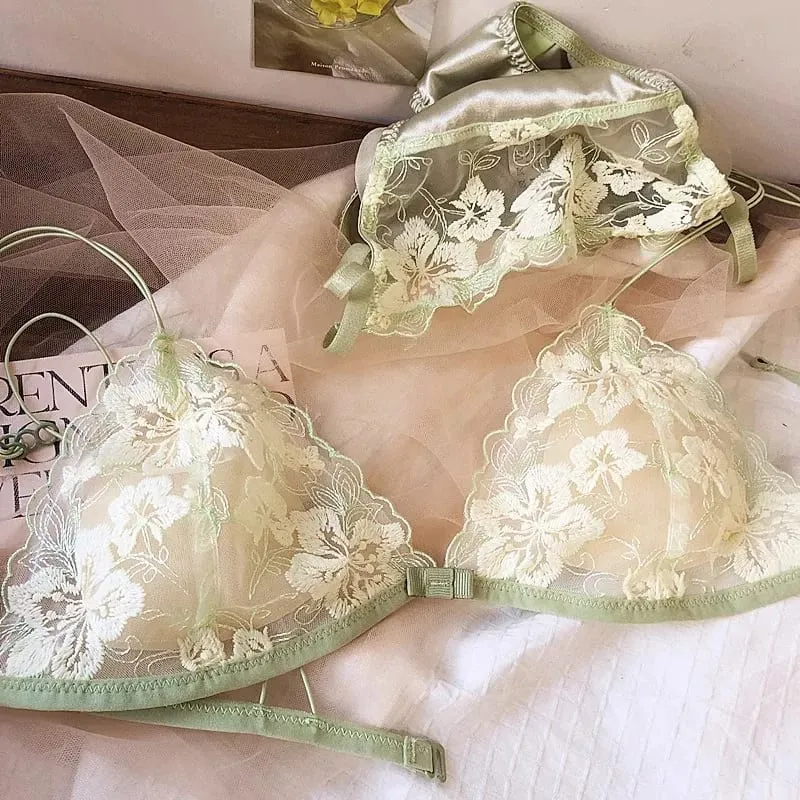 Conjunto de lencería de nicho francés, Bralette con copa triangular de malla bordada, sin aros, encaje Retro, sujetador fino y Sexy cómodo, Tushy MOYISU de EE. UU. — image 2