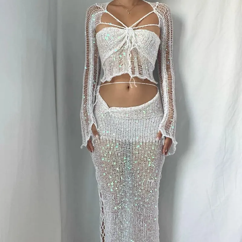 Sexy Hollow Out Sequined Knitted Dresses Summer Women Slim Dress Sets Long Sleeve Cutout Crop Top Beach Vacation Long Skirt Set