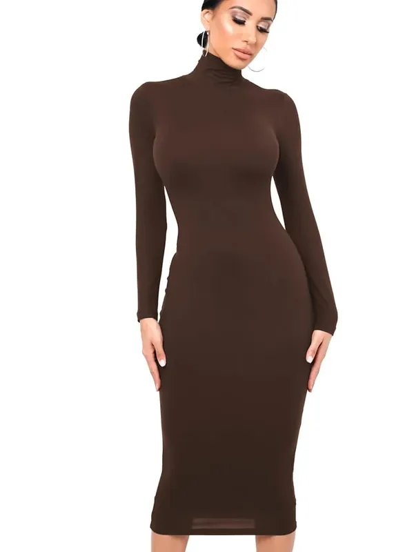 Vinter Svart Turtleneck Sexig Damklänning Höst Långärmad Skinny Midi Boydcon Casual Blå Plysch Knälång Party Club