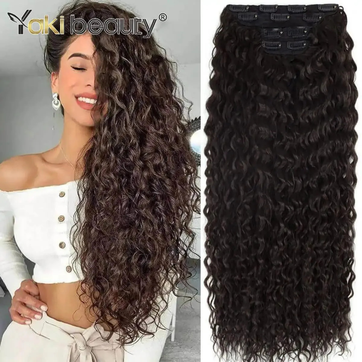 Synthetic Kinky Curly Clip-in Hair Extensions Super Long Water Wave Clip In Hair 160grams 4 Pcs Full Head Hair Pieces — image 2
