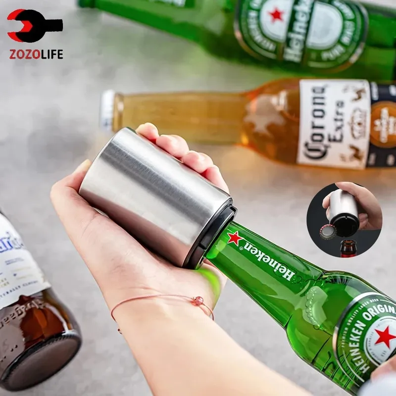 1/2Pcs Automatic Beer Bottle Opener Magnet Beer Opener Stainless Steel Push Down Opener Wine Soda Cap Opener Kitchen Accessory — image 2