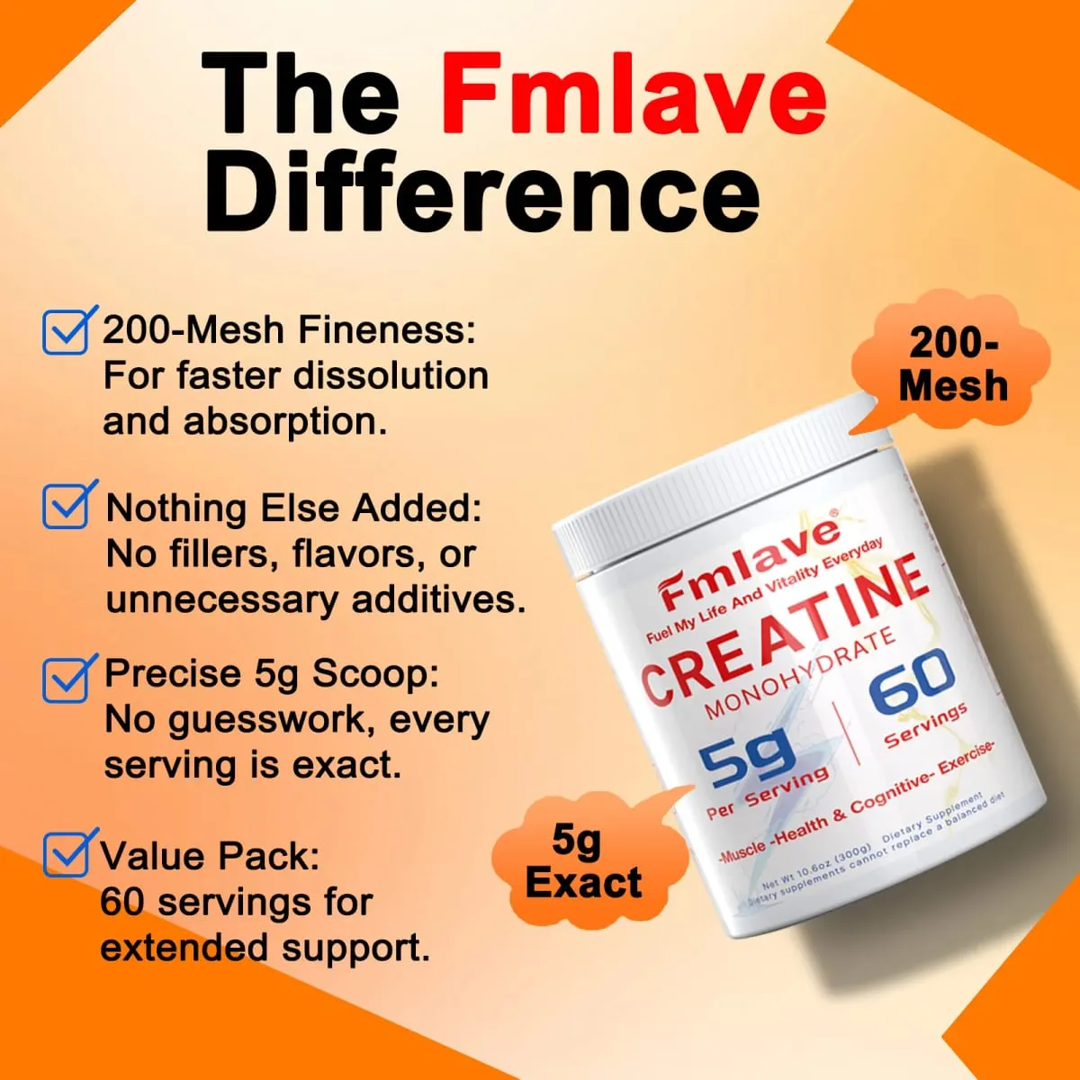 Fmlave Creatine Monohydrate Micronized Powder 300g - 60 Servings 5000mg Per Serving (5g) - for Men & Women Muscle Growth & Recovery — image 2
