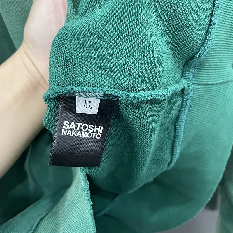 26FW Heavy Fabric Cotton Loose Rhinestone Rivet Satoshi Nakamoto Sweatshirts Men Women Vintage Charcoal Gray Green Pullovers