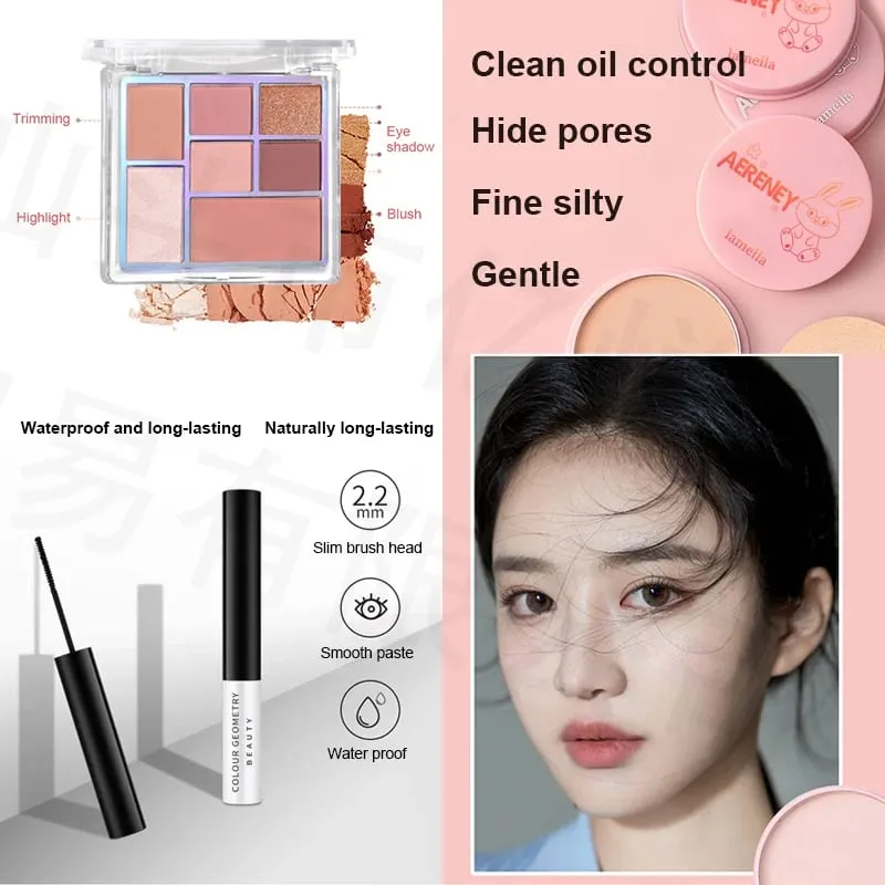 47PCS Set Waterproof Makeup Set BB Cream Eyebrow Pencil Eye Shadow Eyeliner Pencil Mascara Lipstick Loose Powder Brush Tool Set
