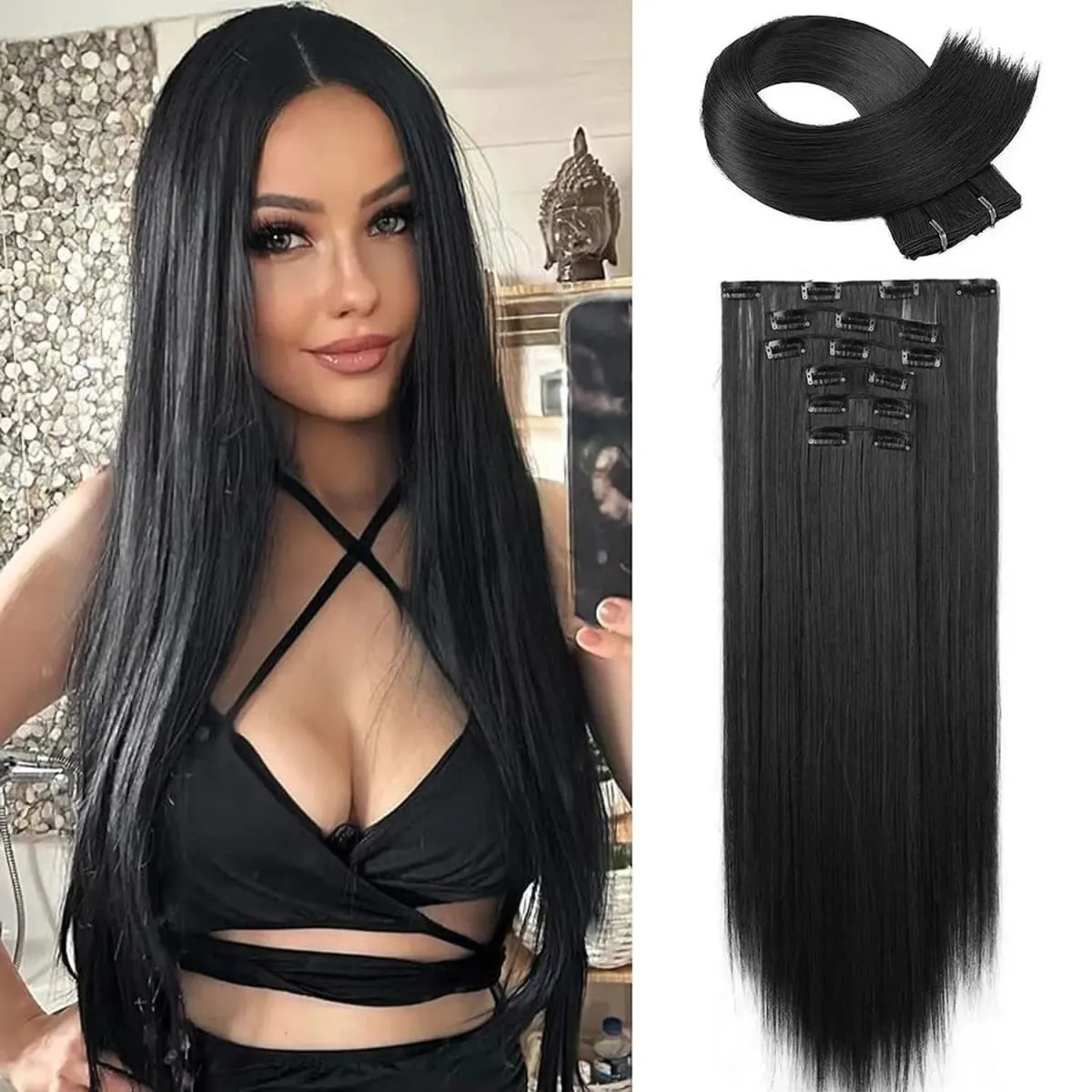 6 個のクリップインヘアエクステンション 24 インチ長さのストレート耐熱合成クリップオンヘアピース女性の日常着 — image 13