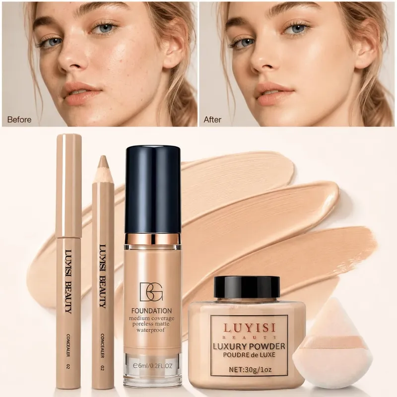 4pcs Facial Makeup Set:1PC Concealer Pen+1PC Foundation+1PC Loose Powder+1PC Puff Flawless Waterproof Long-Lasting Natural