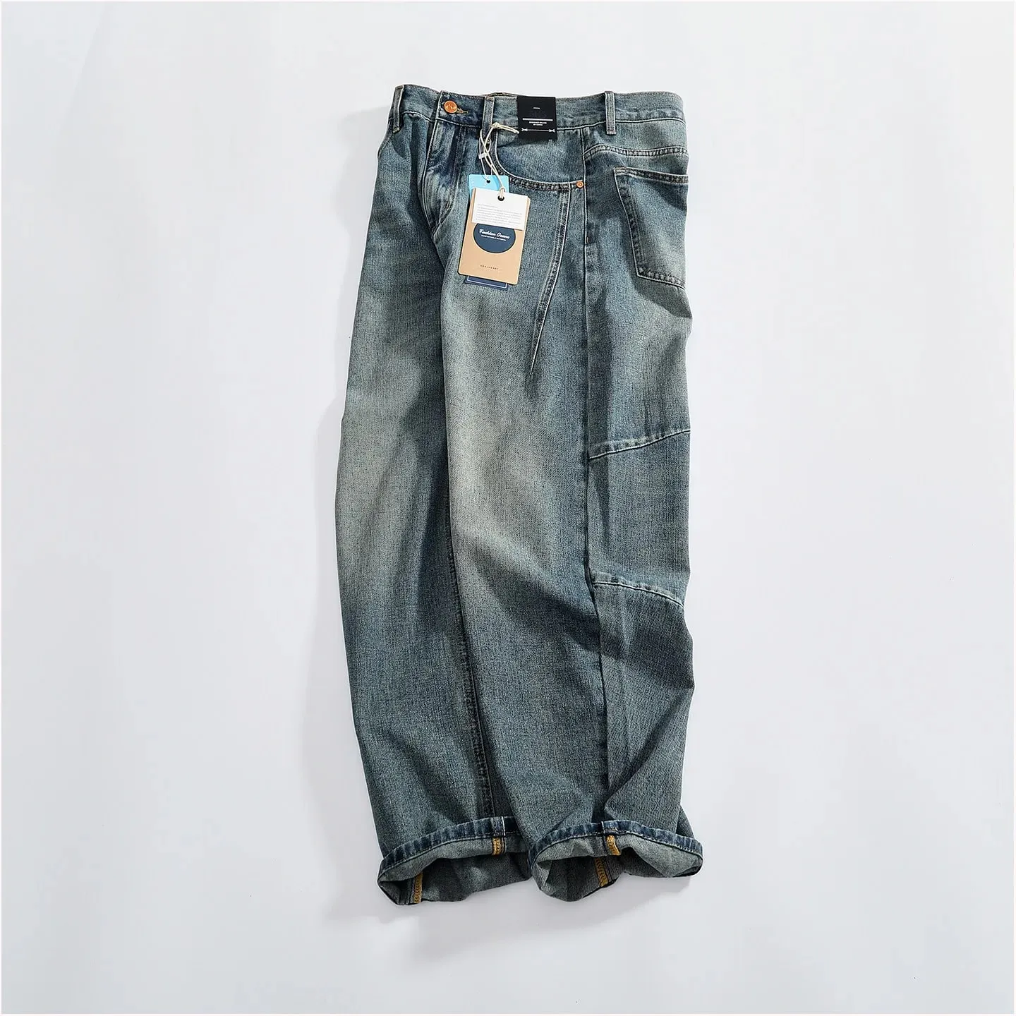 Retro distressed whiskering jeans for men three-dimensional split silhouette wide-leg loose denim trousers