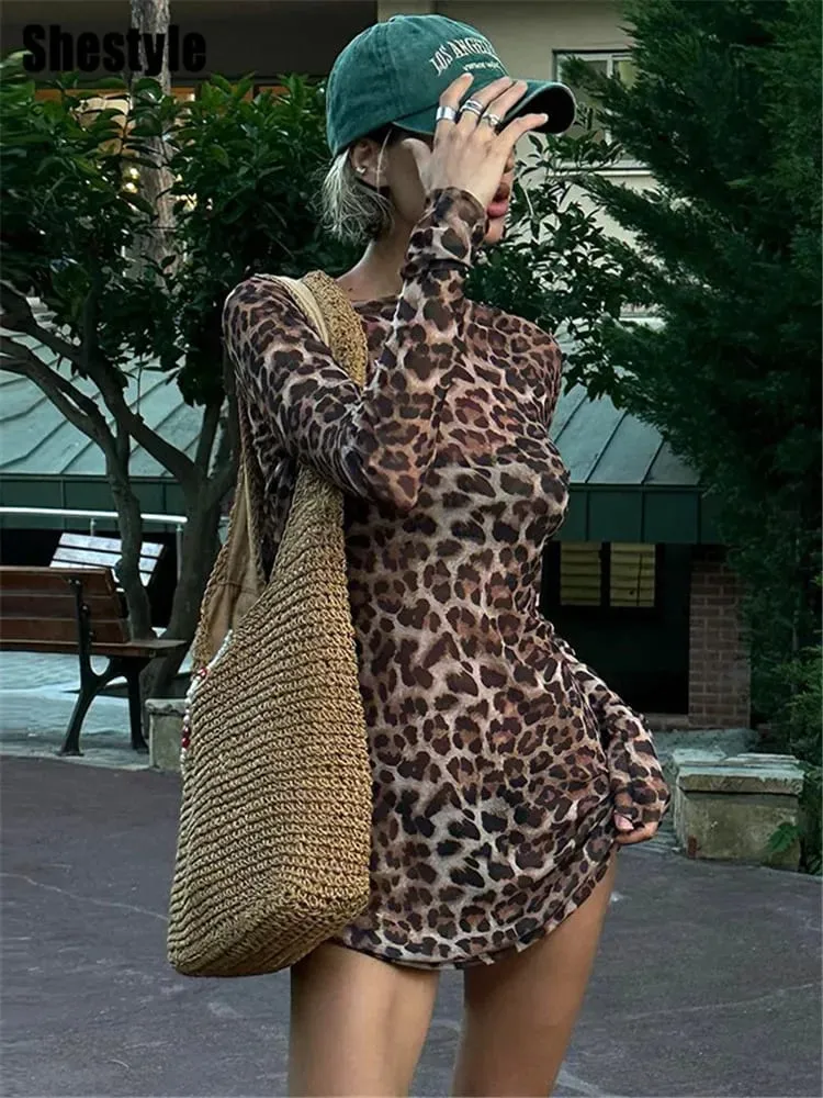 Shestyle leopardo Sexy A-Line vestido mujeres conjuntos de dos piezas malla transparente moda extremadamente caliente High Street Animal Print elegante