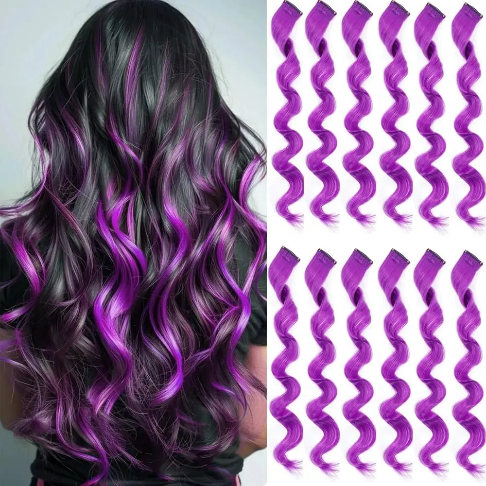 6 Pcs Black Hair Extensions 22 Inch Curly Wavy Colored Hair Colorful Clip in Extensions Highlight Party for Kids Girls Synthetic