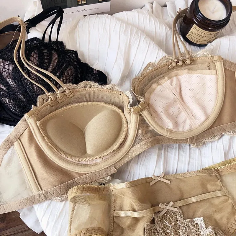 Sexy Embroidery Lace Shell Half Cup Small Breasts Push Up Bra Set Thicken Adjustable Pad Brassiere Panties Girls Underwear