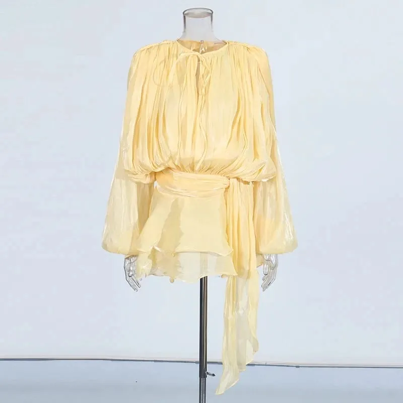 Solid Patchwork Lace Up Blouse Mini Dresses For Women V Neck Long Sleeve Sweet Style Dress Female Clothing Fashion