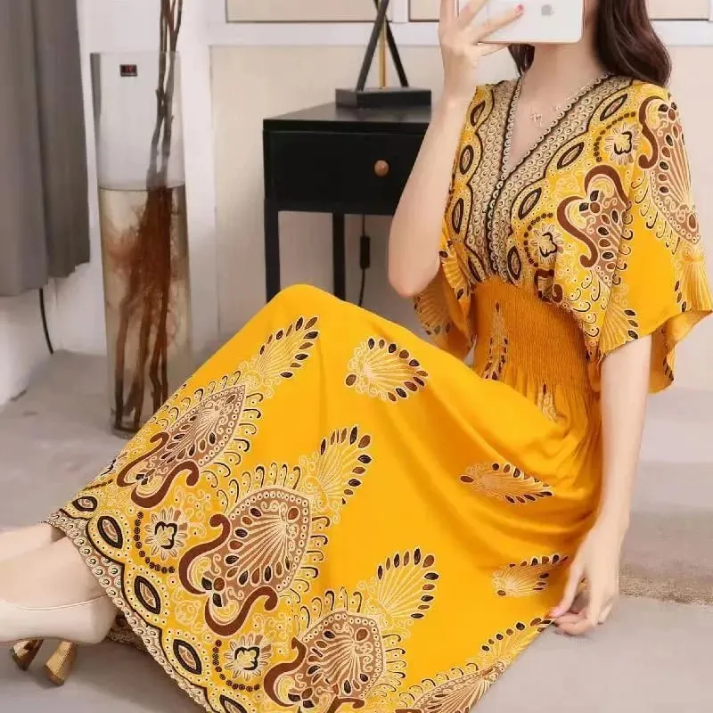 Casual Elegant Retro Bohemian National Style V-neck Elastic Waist Large Swing Printed Summer Long Skirt Woman Dress Clothes