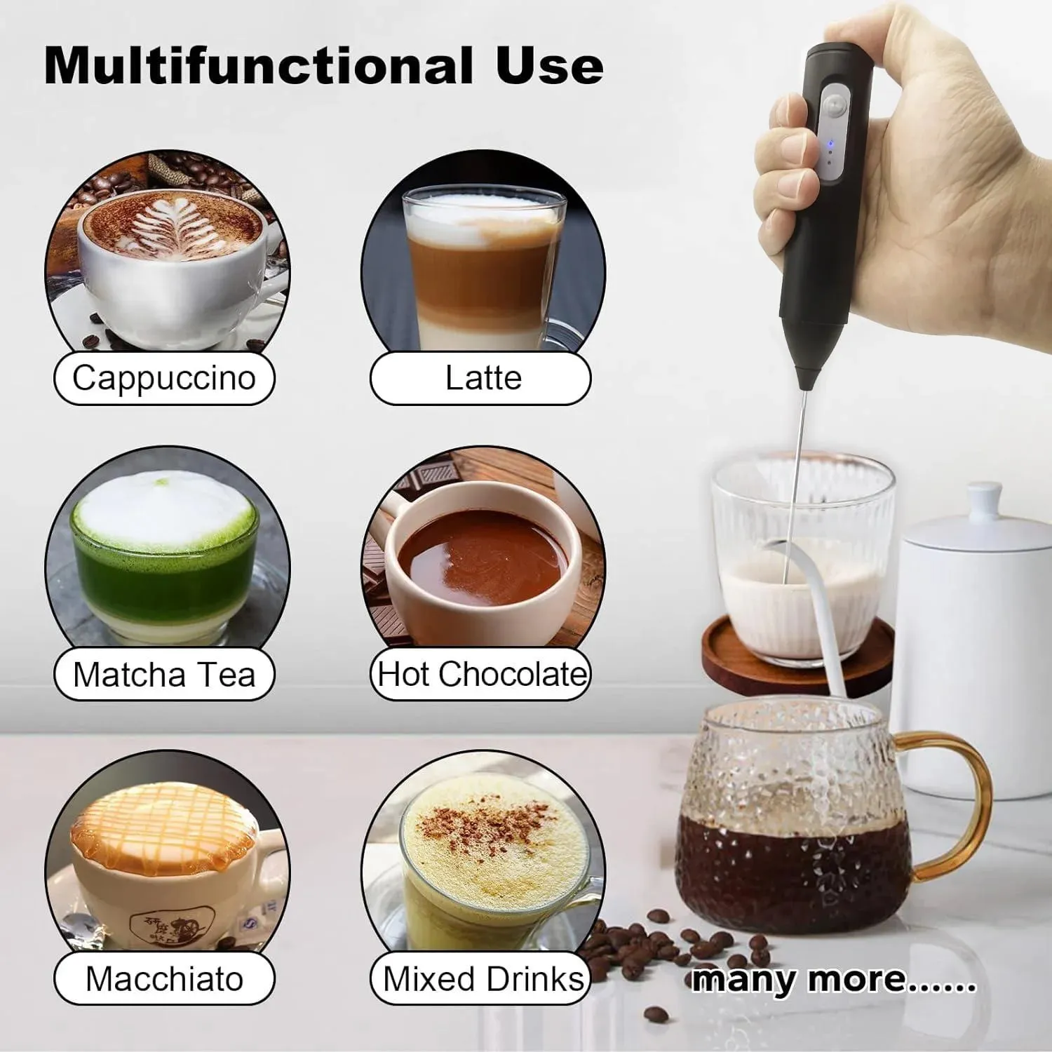 Milk Frother USB Rechargeable 3 Speeds Foam Maker Coffee Whisk Mixer Electric Handle Blender Egg Beater