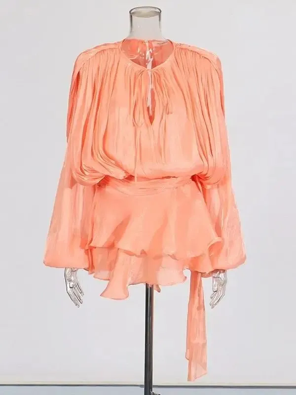 Elegant Ruched Mini Dress For Women Round Neck Lantern Long Sleeve High Waist Temperament Dresses Female Fashion