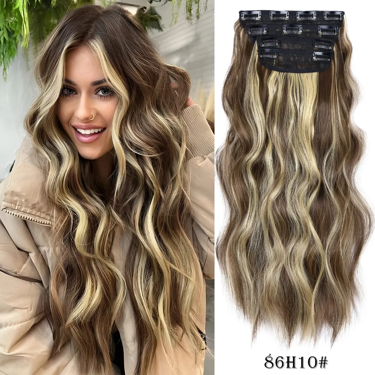 Leeons Wavy Clip In Hair Extensions 4 PCS Natural Soft Long Wavy Hairpieces Thick Double Weft Clip In Hair Extensions For Woman