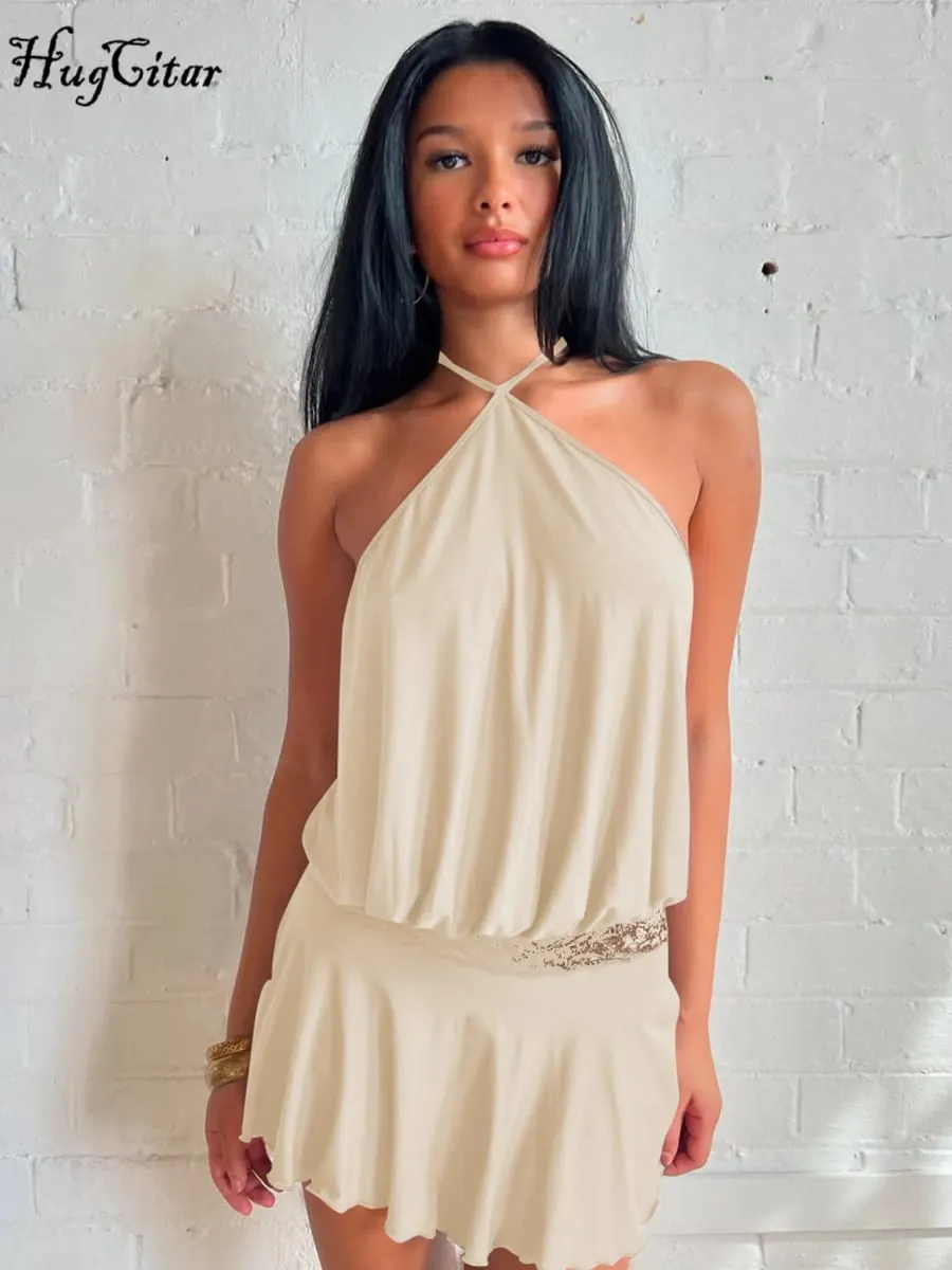 Hugcitar Damesmode Halter Solid Backless Patchwork Kant Bandage Sexy Mini Jurk 2025 Zomer Kleding Vakantie Party Club