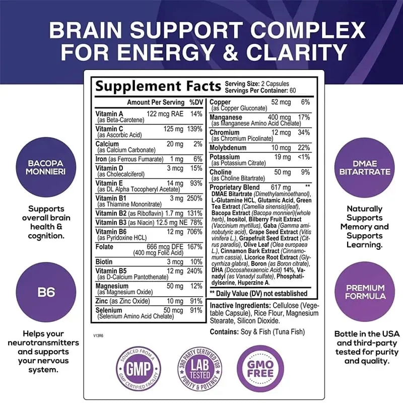 Brain Supplement - Contains B Vitamins To Support Brain Health Improve Cognitive Function and Enhance Memory and Concentration