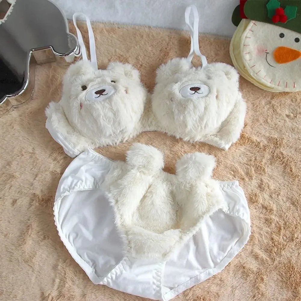 Cute Women Lingerie Set Cartoon Bear Soft Winter Bra & Brief Sets With Steel Ring Women Lingerie Girl