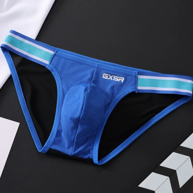 New GXSR splicing side waist high fork men's briefs threaded ice silk fashionable low waist sports hip lift men's underpants