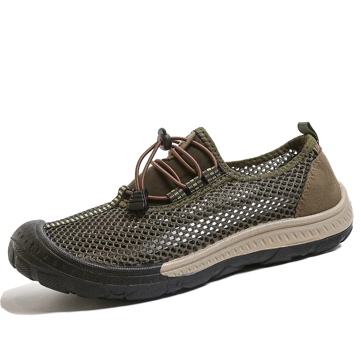 Sapatos masculinos de malha oca com alternância rápida, tênis para caminhada com listras e costura, touca de borracha grossa envolta em sapatos casuais para uso ao ar livre