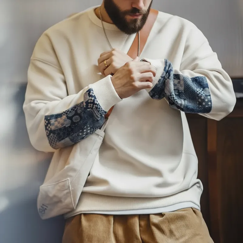 Maden Vintage Boro Patchwork Sweatshirt Casual Round-Neck Tops Men's Classic Pullover for Spring and Autumn Fashion Streetwear