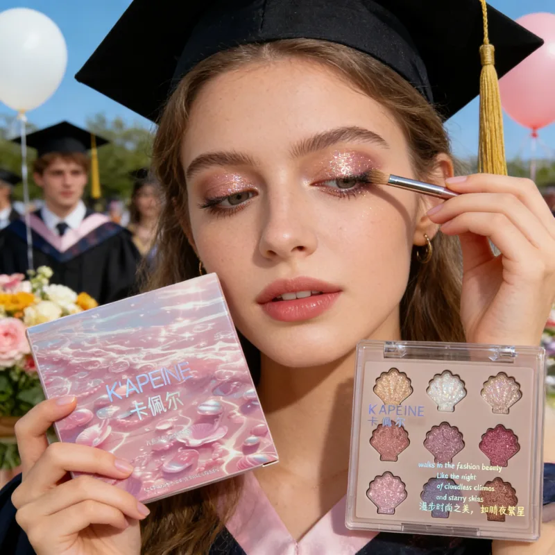 Shimmering Star Shell 9-Color Eyeshadow Palette Mermaid Sparkle Glitter Highlighter Eye Makeup for Graduation Party Glam