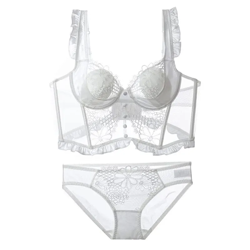 French Fishbone Lace Minimizer Bra Soft Underwire Open Back Lingerie Set for Women Sexy & Pure Push Up Bralette Anti-Sag