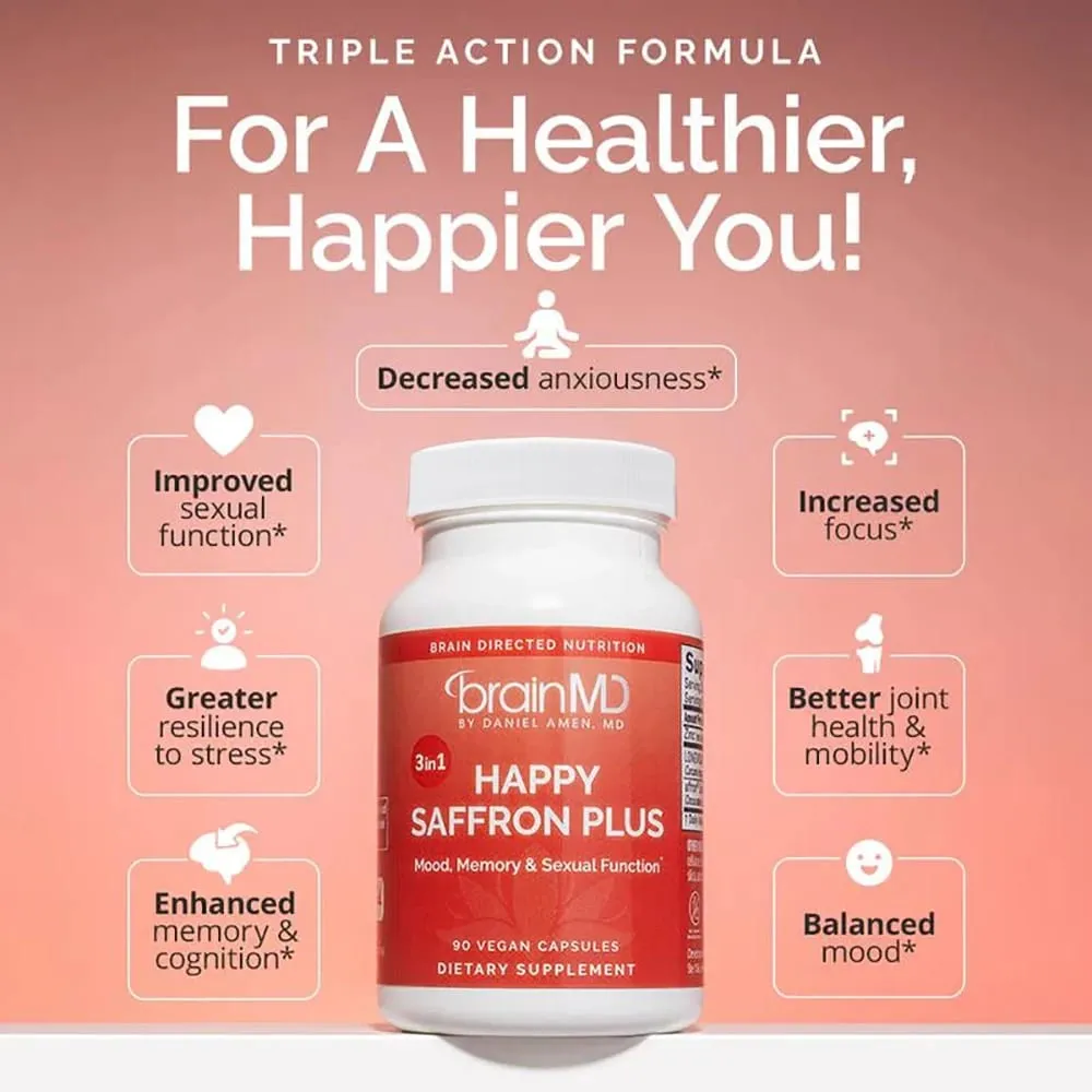 Happy Saffron Plus Supplement for Mood Memory - 90 Capsules - with Saffron Flower Extract Curcumin & Zinc - Vegan Gluten Free — image 2