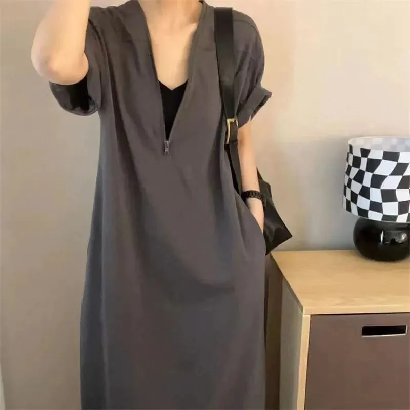 New Women Loose Zip-up Dress Girl Student Plus-size Slimming Long Dress Woman Casual Dress Lady Vacation Commuting Everyday Wear