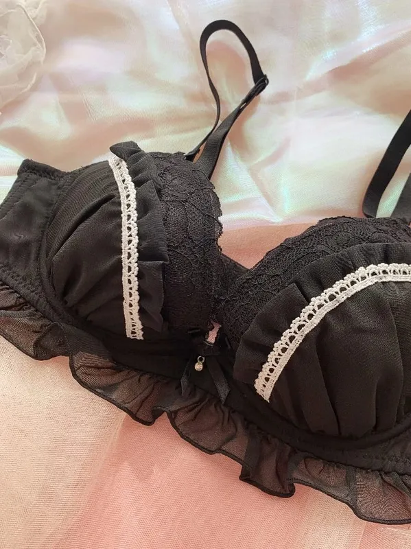 Set Bra Hitam Cincin Baja Besar V Dalam Anak Perempuan Jaring Cup Tipis Seksi dengan Cincin Baja Pakaian Dalam Wanita Celana Dalam Lingerie