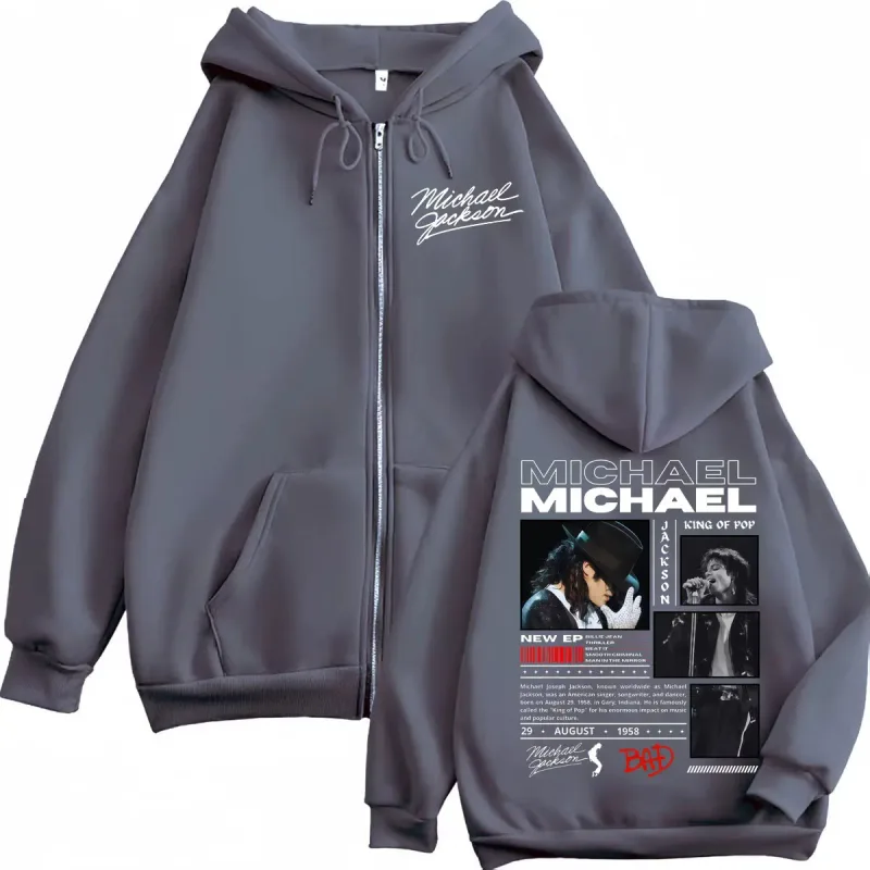 Penyanyi Michael Jackson Klasik Ritsleting Hoodie Rock Fashion Vintage Zip Up Pullover Pria Wanita Kasual Lengan Panjang Kaus — image 3