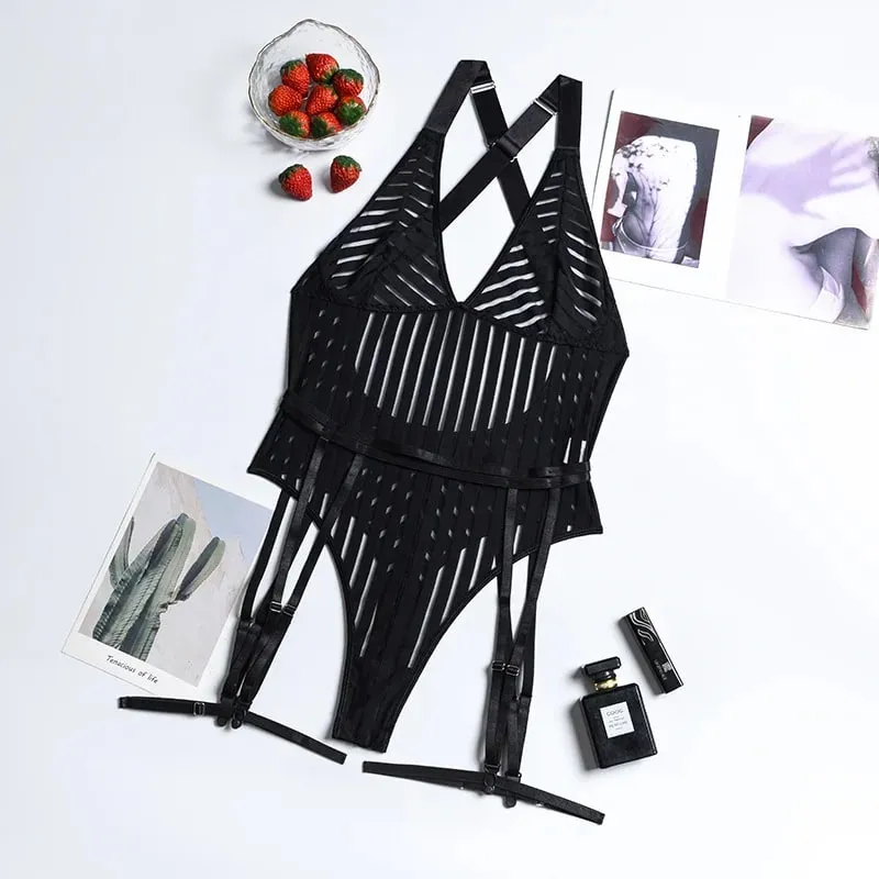 Striped Lace Patchwork Sexy Bodysuit for Women Bodycon Spaghetti Straps Backless Lingerie Body with Garters Nightclub Outfits