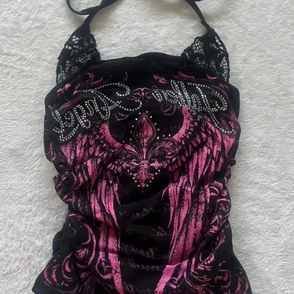 Women Y2K Gothic Angel Wing Rhinestone Halter Cami Top Grunge Dark Alt Fashion Sleeveless Lace Trim Backless Vintage Streetwear