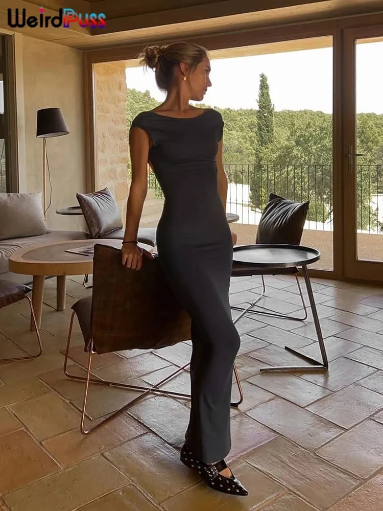 Weird Kot Backless seksowna damska sukienka Maxi z krótkim rękawem Slim Fit elastyczna na co dzień jednolita odzież uliczna klubowa impreza damska letnia obcisła sukienka