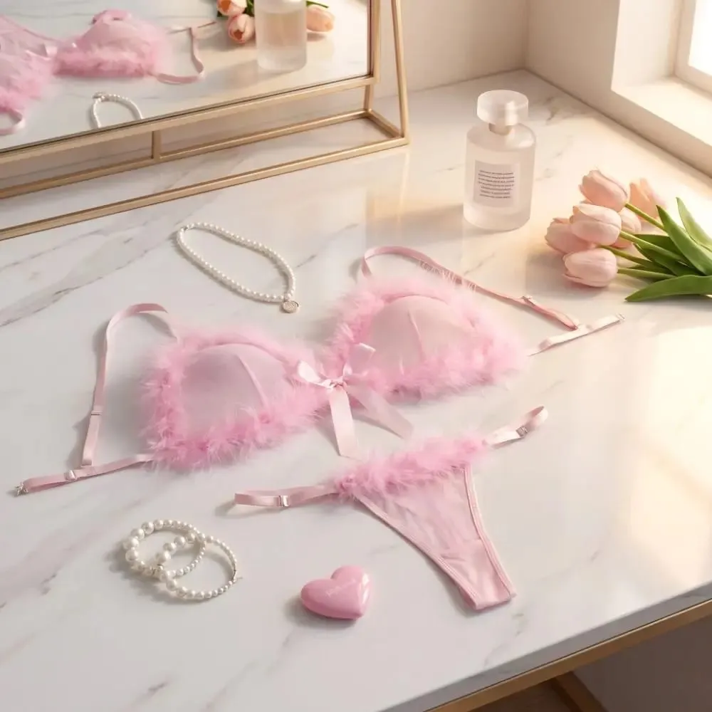 Underclothes Furry Women's Underwear Wireless Mesh Transparent Lingerie Set Romantic Intimate Bow Decor Bra Panties Suit Home